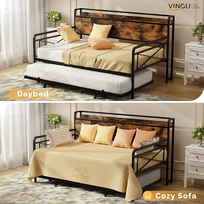 VINGLI Daybed with Trundle Twin, Metal Daybed Frame with Pop-up Trundle Bed and Charging Station,Day Bed with Wooden Storage Headboard & LED Lights, for Kids Room, Living Room, Bedroom, Brown