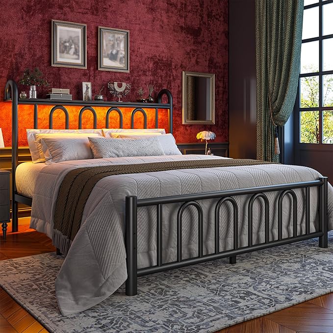 Full Size Bed Frame Metal Platform Bed Frame/Victorian Headboard and Footboard/LED Light/Sturdy Mattress Foundation with Under Bed Storage/No Box Spring Needed/Noise-Free/Easy Assembly, Black