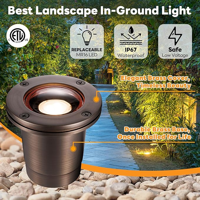 Gardenreet Brass Outdoor Well Lights Low Voltage - IP67 Waterproof 12V In-Ground Light, Hard-Wired LED Landscape Lighting, Antique Bronze for Garden Tree Pathway Without MR16 Bulb (10 Pack)
