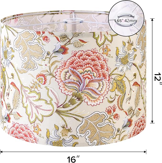 GO&SO 1 Pack Floral Large Drum Lamp Shade,16" x16" x12", 1.65" Spider E27 Base, Printed Pattern Design, DIY Assembly with Multi-Adapter (E26/E14/10mm), Perfect for Table/Floor Lamps/Pendant Lighting
