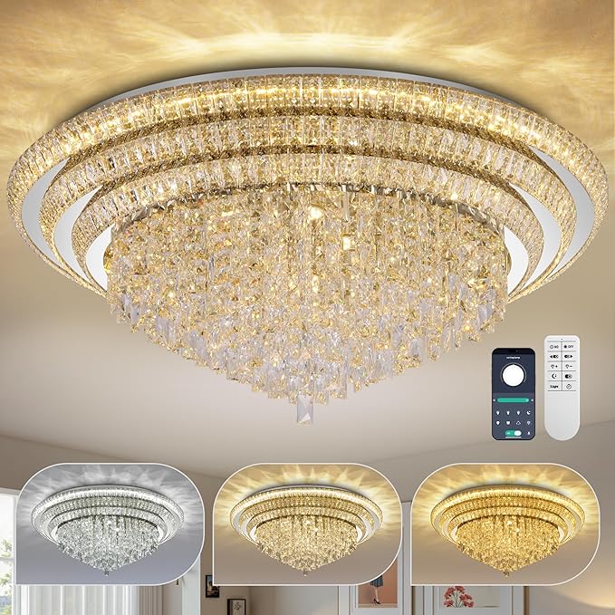 COCOSTAR Sliver Elegant LED Crystal Raindrop Ceiling Light with Remote and APP, 40" Modern Flush Mount Chandelier Light Fixture, 3CCT Dimmable, for Living Room Kitchen Island Bedroom Entryway Foyer