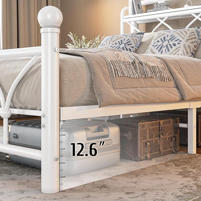 EnHomee Twin Bed Frame with Headboard,Metal Twin Size Bed Frame with Storage,LED Lights,Power Outlets,Sturdy & Easy Assembly,No Box Spring Needed,White