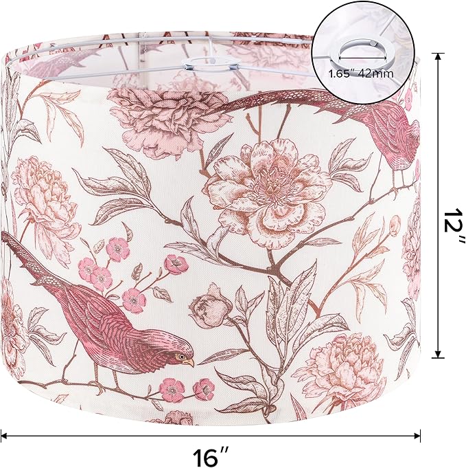 GO&SO 1 Pack Floral Bird Large Drum Lamp Shade,1.65"Spider E27 Base,16" x16" x12",Printed Pattern Design,DIY Assembly with Multi-Adapter (E26/E14/10mm),Ideal for Floor/Table Lamps/Pendant Lighting