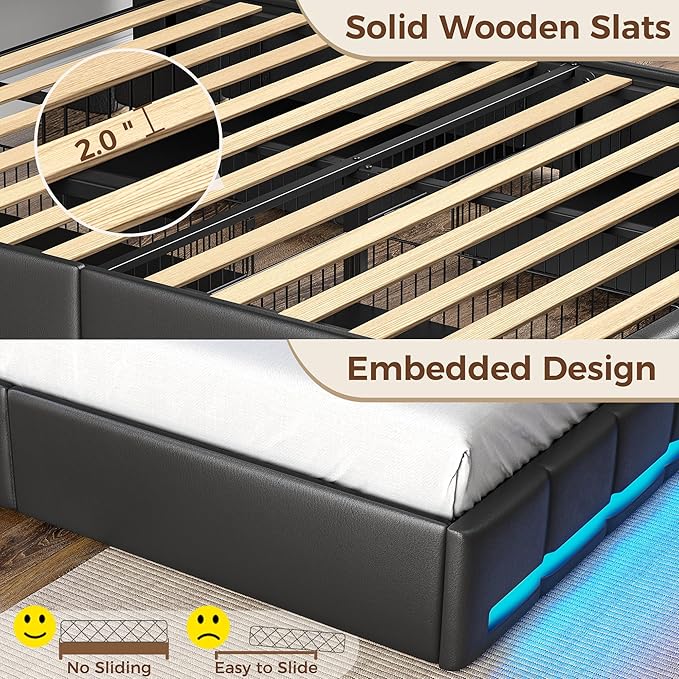 Rolanstar Full Size Bed Frame with LED Lights and Charging Station, PU Leather Bed Storage Headboard & Drawers, Heavy Duty Wood Slats, Easy Assembly, Black