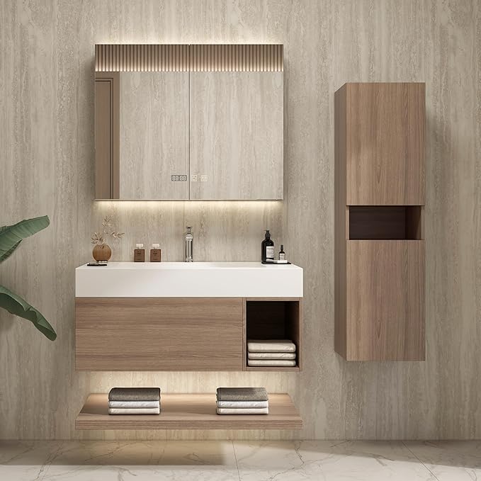 24" Modern Floating Bathroom Vanity Set with Sink, Side Cabinet, LED Smart Mirror Cabinet, Soft-Close Drawer & Open Storage Shelves, Light Walnut