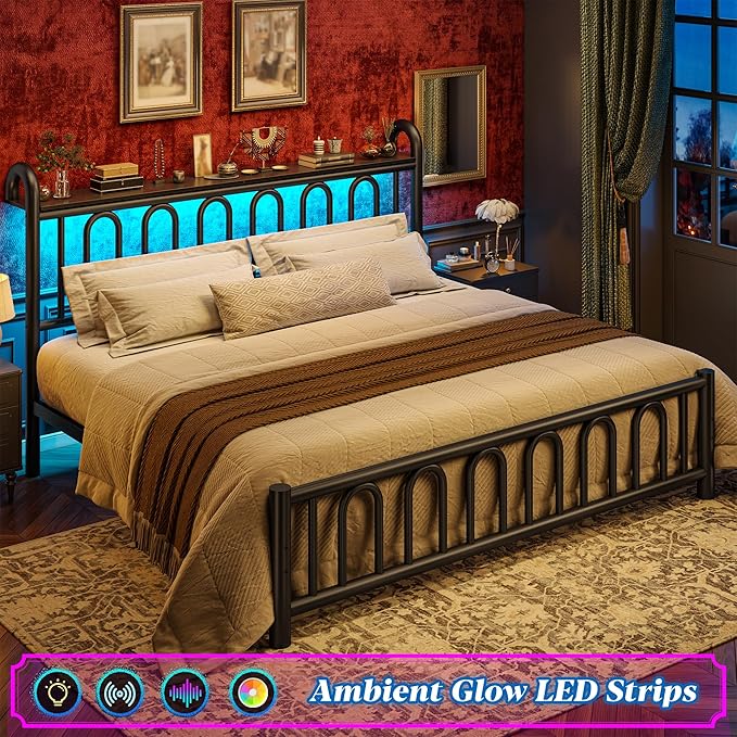 King Size Bed Frame Metal Platform Bed Frame/Victorian Headboard/LED Light/Sturdy Mattress Foundation with Under Bed Storage/No Box Spring Needed/Noise-Free/Easy Assembly, Black