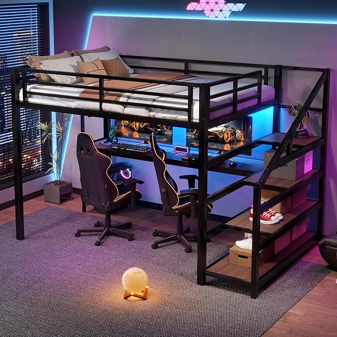 Bellemave Full Loft Bed with Desk & Storage Stairs, Metal Full Size Loft Bed Frame with Iron Nets, LED Lights & USB Ports, Heavy Duty Adult LoftBed for Bedroom, Noise-Free, Black