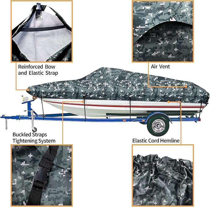 iCOVER Trailerable Boat Cover- 14'-16' 800D Water Proof Heavy Duty, Fits V-Hull, Fish&Ski, Pro-Style, Fishing, Utiltiy, Runabout, Bass Boats, up to 14ft-16ft Long and 68" Wide