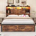 Queen Bed Frame with 4 Drawers Bookshelf Headboard, Farmhouse Bed Frame with Charging Station & LED Lights, Metal Slats Support, Noise Free, No Box Spring Needed Rustic Brown