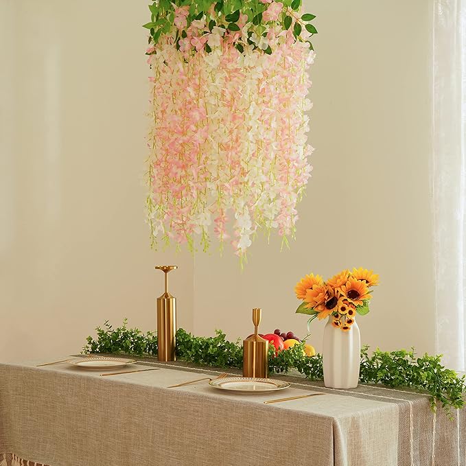 BLEUM CADE 36Pcs White & Pink Fake Wisteria Hanging Flowers, 3.6Ft/Pcs Artificial Wisteria Garland, Hanging Flowers for Wedding Party Home Backdrop Wall Decoration