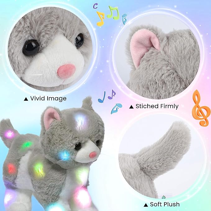 Hopearl LED Musical Stuffed Kitty Lighting Up Singing Plush Cat Adjustable Volume Lullaby Animated Soothe Birthday Gifts for Kids Toddler Girls, Grey, 13.5''