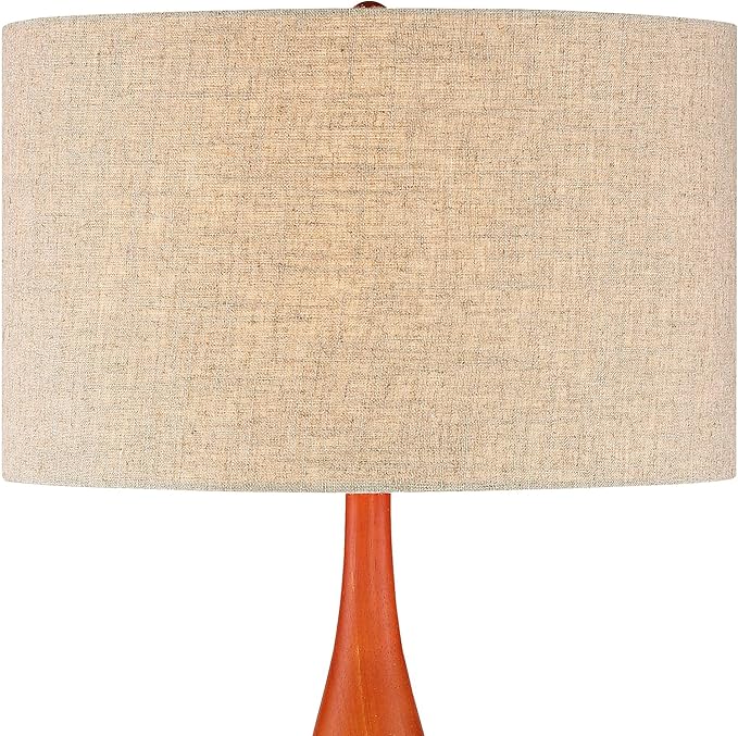 360 Lighting Rocco Mid Century Modern Table Lamps 30" Tall Set of 2 White Geometric Ceramic Oak Wood Tan Fabric Drum Shade for Bedroom Living Room Bedside Nightstand House Home Office