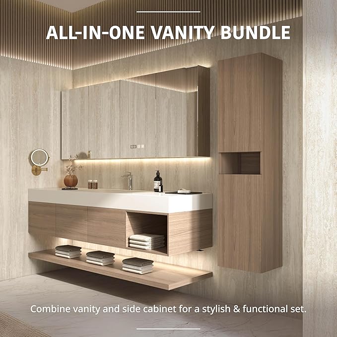 72" Modern Floating Bathroom Vanity Set with Sink, Side Cabinet, LED Smart Mirror Cabinet, 3 Soft-Close Drawers & Open Storage Shelves, Light Walnut