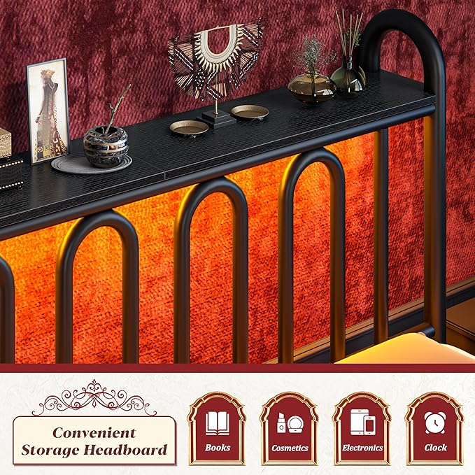 Full Size Bed Frame Metal Platform Bed Frame/Victorian Headboard and Footboard/LED Light/Sturdy Mattress Foundation with Under Bed Storage/No Box Spring Needed/Noise-Free/Easy Assembly, Black