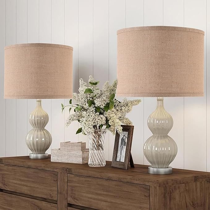 Burlap Lamp Shades Set of 2 Large Durm Lamp Shade 16" Top x 16" Bottom x 12" High (Spider）Modern Lampshade for Table and Bedside Lamp - By PAPAYA