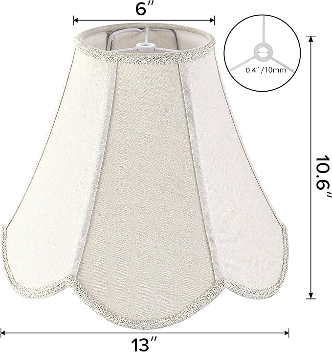 GO&SO Set of 2 Beige Gray Burlap Fabric (Petal Edge Braid) Scalloped Lamp Shade,6"Top x 13"Bottom x 10.6"Vertical Height (Spider) Replacement Lamp Shades for Table Lamps,Floor Lamp Cover,Easy Assembly
