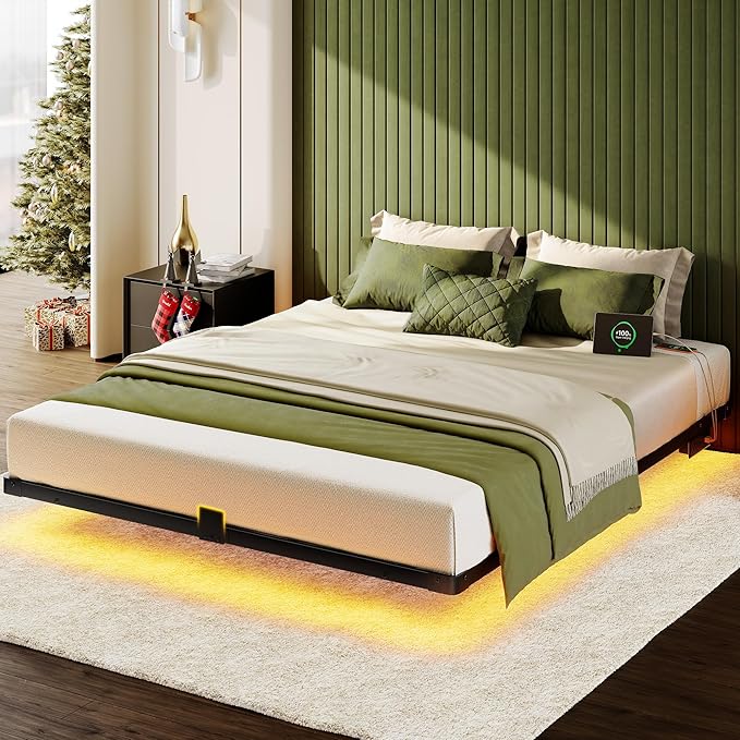 Bed Frame Queen Size, Floating Queen Bed Frame with LED Lights & Charging Station, Modern Metal Platform Bed Frame with Mattress Slide Stopper, Noise-Free, No Box Spring Needed, Easy Assembly
