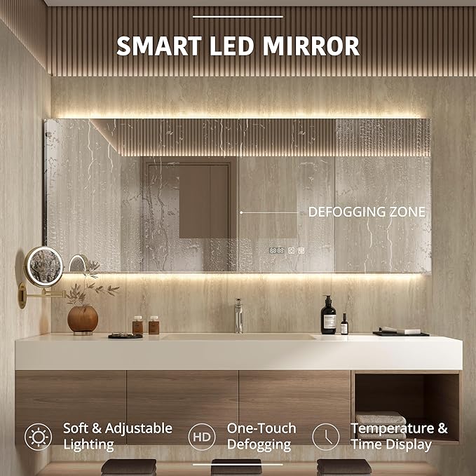 60" Modern Floating Bathroom Vanity Set with Sink, LED Smart Mirror Cabinet, 3 Soft-Close Drawers and Open Storage Shelves, Light Walnut