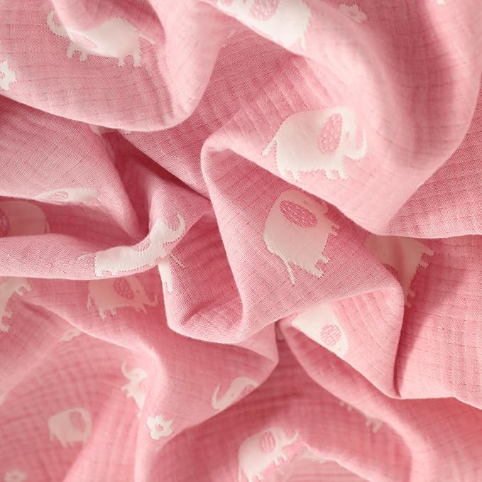NTBAY 3 Layer Oversized Muslin Cotton Toddler Blanket, Jacquard Reversible Nursery Bed Blanket, Super Soft and Thermal for All Seasons, Baby Gift, 45"x60", Pink Elephant