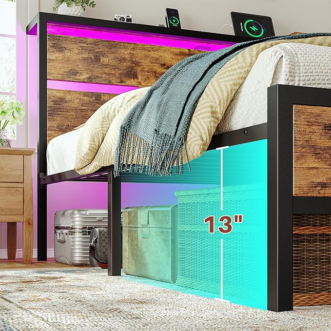Full Size Bed Frame with LED Lights & Charging Station,Bed Frame Full with Headboard & 13" Under Bed Storage, All-Metal Support System, No Box Spring Needed, Easy Assembly,Modern Brown