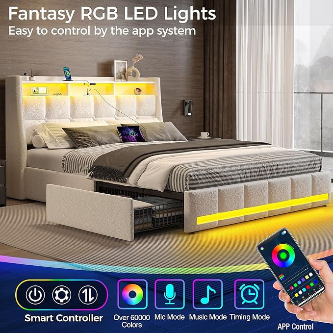 Rolanstar Full Size Bed Frame with LED Lights and Charging Station, Upholstered Bed Storage Headboard & Drawers, Heavy Duty Wood Slats, Easy Assembly, White