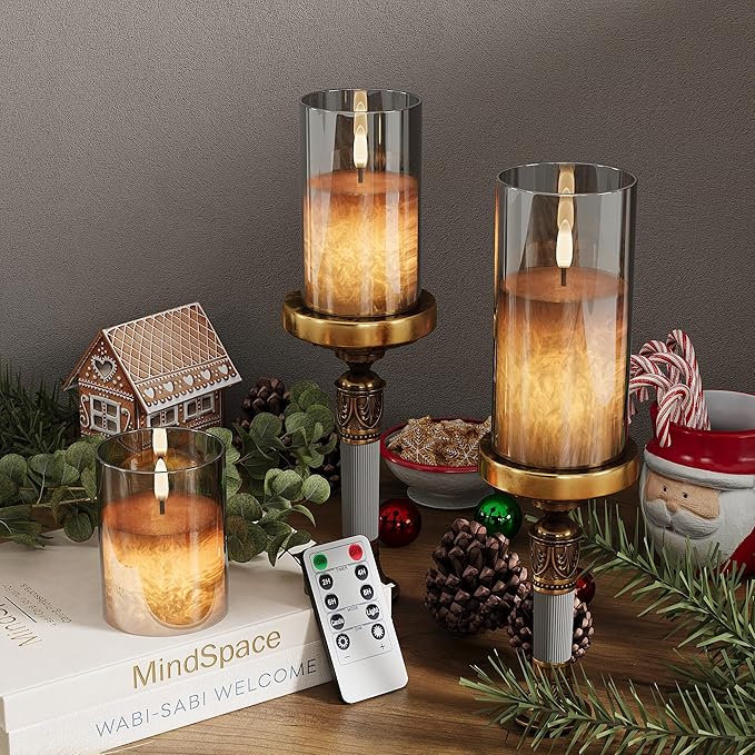 Ice Crystal Real Wax Glass Flameless Candles with Remote & Timer, Battery Operated Candles with Warm Flickering Flame, Realistic LED Candle for Wedding Home Decor [D3×H4/5"/6"] Grey, 3Pack