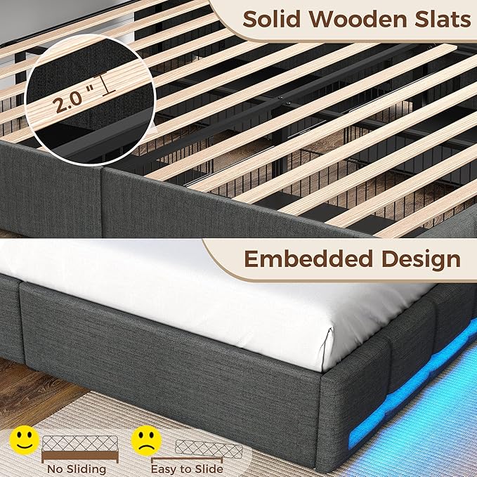 Rolanstar Queen Size Bed Frame with LED Lights and Charging Station, Upholstered Bed Storage Headboard & Drawers, Heavy Duty Wood Slats, Easy Assembly