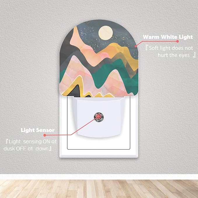 Mountains Night Sky Moon Night Lights Plug into Wall for Girls Boys Room,Night Light LED Lamp Dusk to Dawn Sensor Round Lamp for Bedroom Bathroom Hallway Home Wall Decor