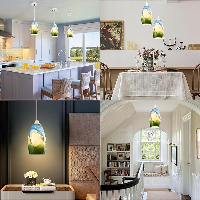 GO&SO 3 Pack Multi Color Pendant Light Shade Kitchen Island, Hand Blown Art Glass Cover Lamp Shade Replacement,Diamater 4", Height 7.8", Fitter 1.57", Oval Light Fixtures for Wall Sconces/Chandelier
