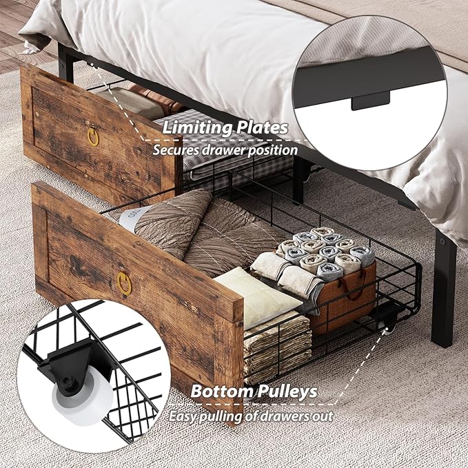 Full Bed Frame with 4 Drawers Bookshelf Headboard, Farmhouse Bed Frame with Charging Station & LED Lights, Metal Slats Support, Noise Free, No Box Spring Needed Rustic Brown