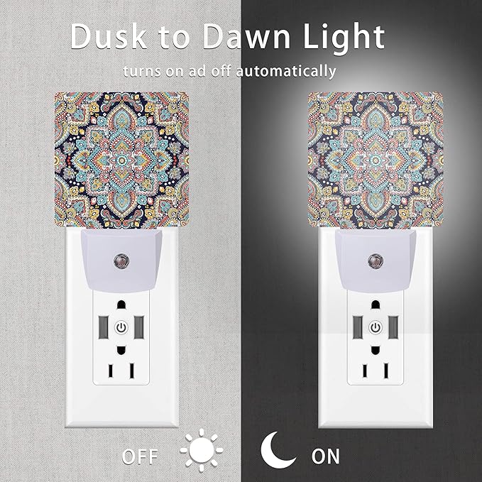 Mandala Floral Night Lights Plug into Wall Ethnic Mandala Night Light 0.5W Sleep Friendly for Boys Girls Led Night Light Dusk to Dawn Sensor Nightlight for Stairway/Hallway/Kitchen