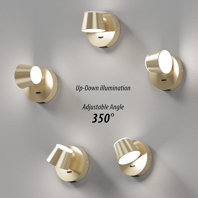 URSOLA Wall Light Set of Two, LED Wall Sconce with On/Off Switch USB Charging Port 110 Volt Hardwired Wall Lamp 350 Rotatable Up Down Sconces Wall Lighting (Champaign)
