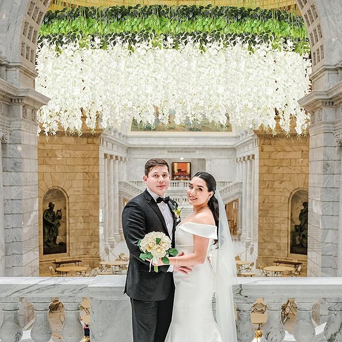 BLEUM CADE 20Pcs White & Purple Fake Wisteria Hanging Flowers, 3.6Ft/Pcs Artificial Wisteria Garland, Hanging Flowers for Wedding Party Home Backdrop Wall Decoration