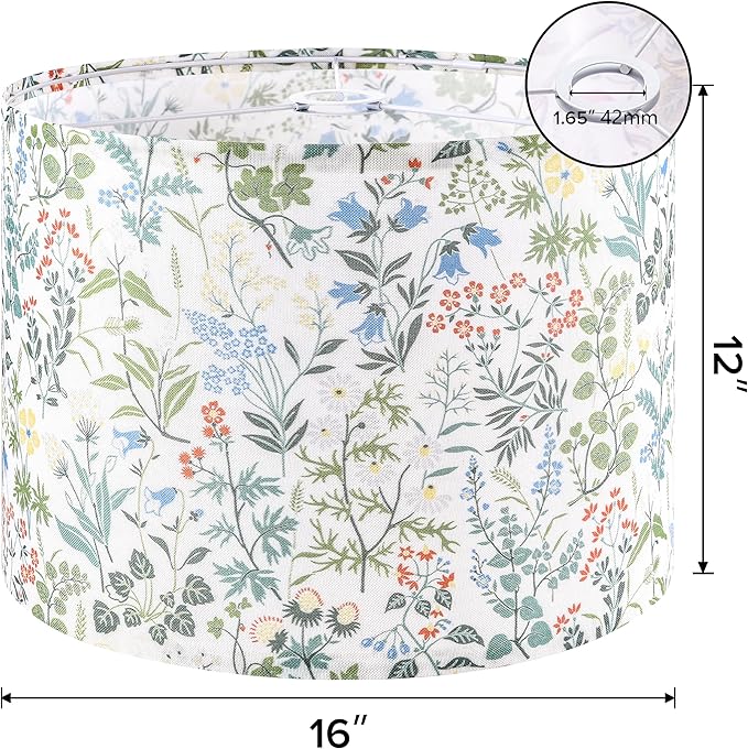 GO&SO Floral Large Drum Lamp Shade 1 Pack, 16" x 16" x 12", Spider E27 Base(1.65"), Printed Pattern Design,DIY Assembly with 3 Adapter (E26/E14/10mm),Fit for Pendant Lighting/TableLamps/Floor Lamps