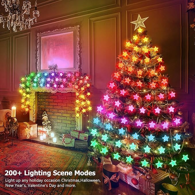 16.5ft Star String Lights, 33 LED RGB Color Changing String Fairy Lights, Smart APP & IR Remote Control, 200+ Scene Modes for Bedroom Backdrop Indoor Outdoor Christmas Decorations