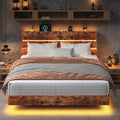 Feonase Floating Bed Frame King with Led Lights and Charging Station, Wood Full Size Bed Frame with Storage Headboard, Heavy Duty Metal Slats, No Box Spring Needed, Easy Assembly,Vintage Brown