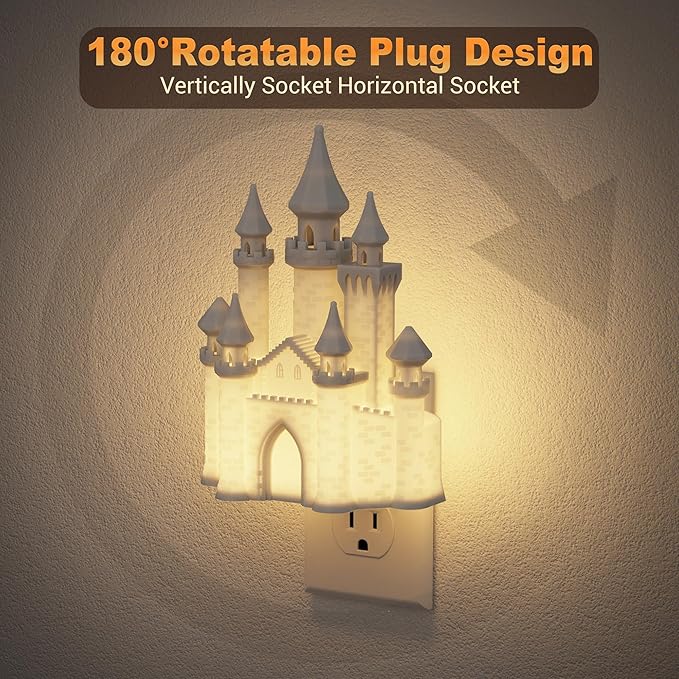 JandCase Night Lights Plug into Wall,2 Pack 3D Printed Castle Night Light,3000K Plug in Nightlight with Dusk to Dawn Sensor,0-100LM Adjustable Brightness for Rooms Bathroom Hallway