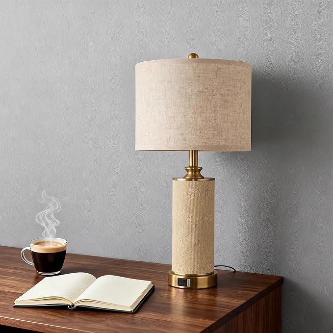 25.5"Boho Weaving Gold Large Table Lamps Set of 2, Touch Control 3-Way Dimmable Farmhouse Bedside Lamps with USB A+C Charging Ports for Living Room/Bedroom/Office-with (2 LED Bulbs Included)
