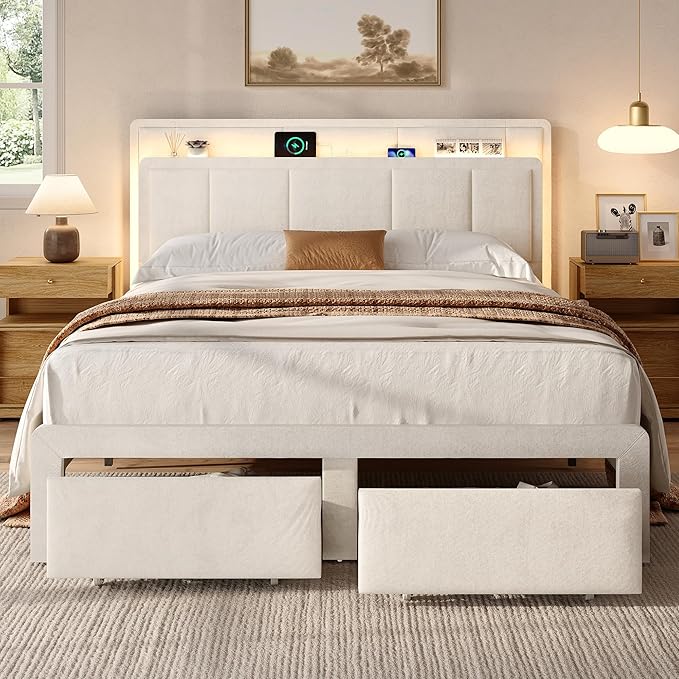 Queen Storage Bed Frame, Upholstered Platform Bed with 2 Drawers, Velvet Vertical Tufted Headboard with LED Lights & Charging Station, Wooden Slats Support, No Box Spring Needed, White