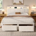 Queen Storage Bed Frame, Upholstered Platform Bed with 2 Drawers, Velvet Vertical Tufted Headboard with LED Lights & Charging Station, Wooden Slats Support, No Box Spring Needed, White