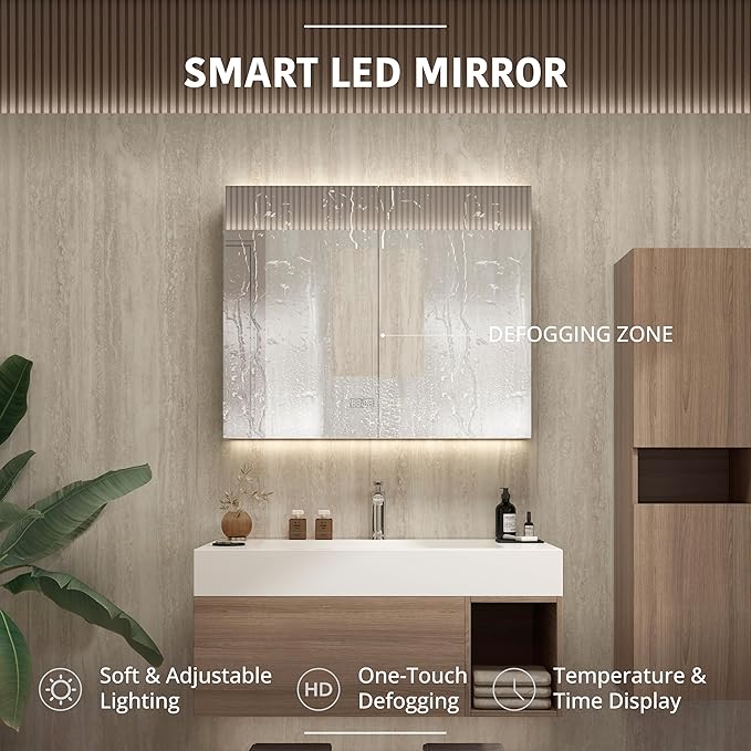 24" Modern Floating Bathroom Vanity Set with Sink, Side Cabinet, LED Smart Mirror Cabinet, Soft-Close Drawer & Open Storage Shelves, Light Walnut
