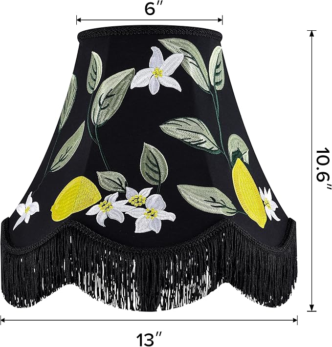 GO&SO Black Floral Embroidery Bell Lamp Shades Set of 2,Handcrafted Silk Petal Edge with Fringe Trim,6"x13"x10.6"(Spider),Vintage Ornate Lamp Shade Replacement for Table,Floor Lamps,Easy Assembly