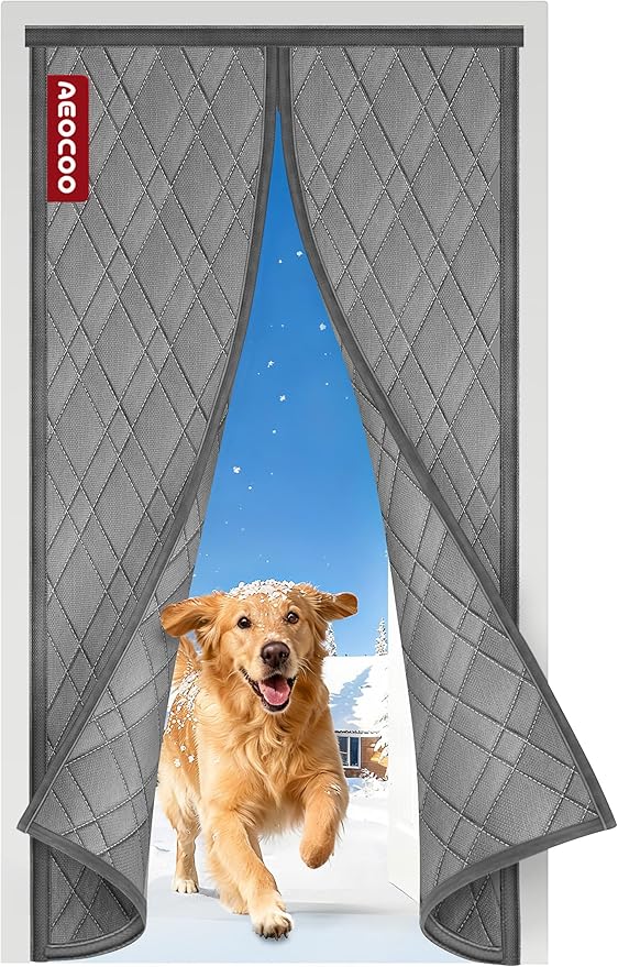 Insulated Door Curtains for Doorways/Front/Back/Basement, Fit Size up to 36 x 80 Inches, Magnetic Thermal Door Cover for Winter, Oxford Filled with Thick Cotton to Keep Warm, Grey, Diamond