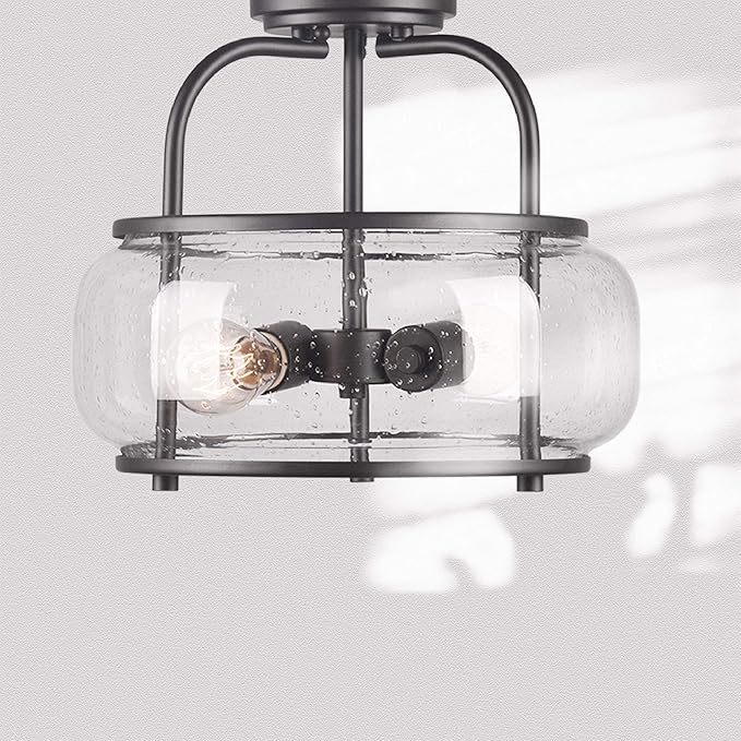 Elisha 2-Light Semi Flush Mount Ceiling Light with Seeded Glass Shade Dark Bronze Finish for Hallway, Entryway, Passway, Dining Room, Bedroom, Garage, Kitchen, Balcony