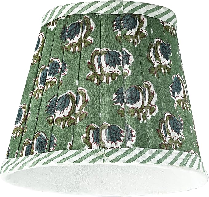 Ridhi Pleated Block Print Lamp Shade Basil Green Floral Medium 4" Top x 6" Bottom x 5" High Spider with Harp and Finial Fitting