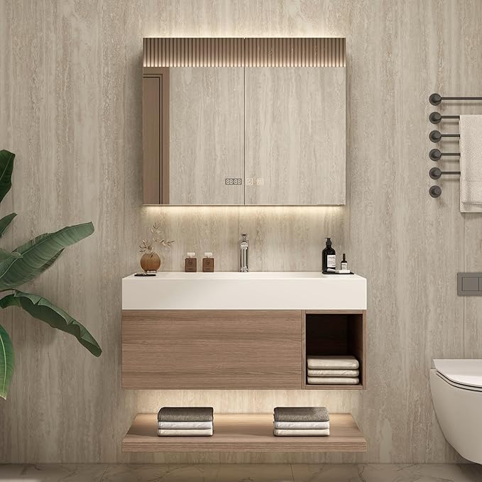 48" Modern Floating Bathroom Vanity Set with Sink, LED Smart Mirror Cabinet, Soft-Close Drawer and Open Storage Shelves, Light Walnut