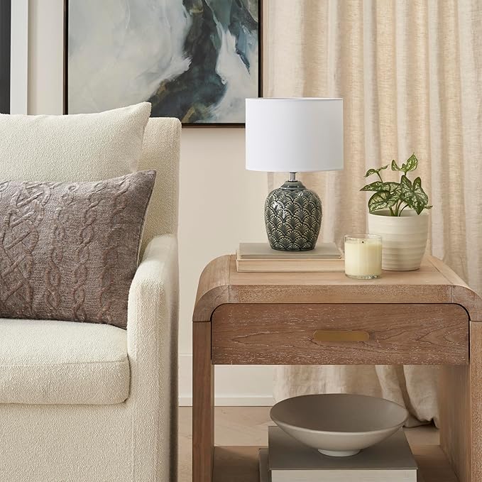 Nourison Home 13" Mini Grey Carved Motif Ceramic Table Lamp for Bedroom, Living Room, Console, Entryway