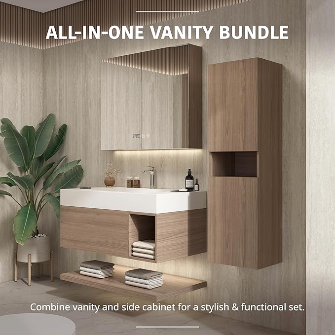 24" Modern Floating Bathroom Vanity Set with Sink, Side Cabinet, LED Smart Mirror Cabinet, Soft-Close Drawer & Open Storage Shelves, Light Walnut