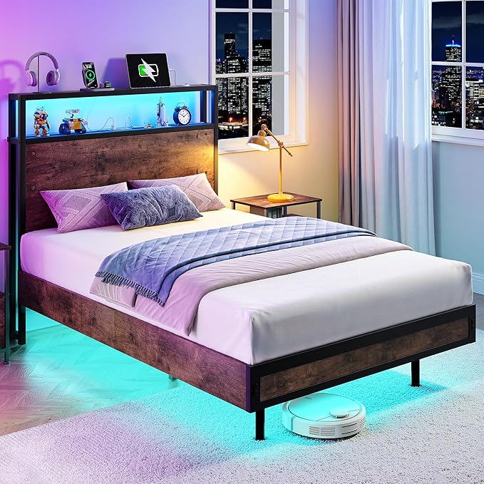 BedsPick Twin Size Bed Frame with 2-Tier Storage Headboard, Sturdy Metal Platform Bed Frame with Charging Station & LED Lights, Noise-Free/Metal Support/No Box Spring Needed, Rustic Brown