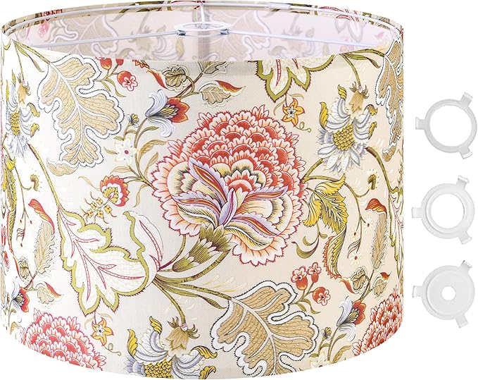 GO&SO 1 Pack Floral Large Drum Lamp Shade,16" x16" x12", 1.65" Spider E27 Base, Printed Pattern Design, DIY Assembly with Multi-Adapter (E26/E14/10mm), Perfect for Table/Floor Lamps/Pendant Lighting